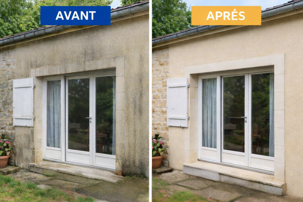 Avant après nettoyage de façade en pierre et enduit par L’Atelier du Toit Propre à Barbezieux Saint Hilaire en Charente