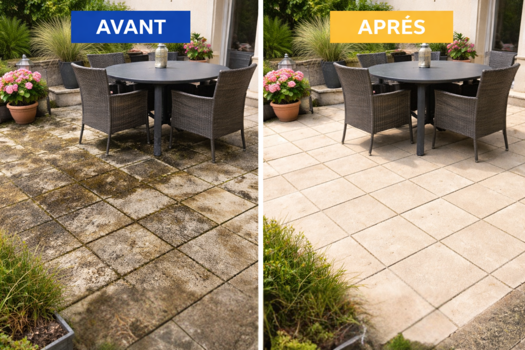 Avant après nettoyage de terrasse en dalles par L’Atelier du Toit Propre à Barbezieux Saint Hilaire en Charente