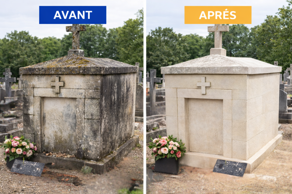 Avant après nettoyage de caveau funéraire en pierre par L’Atelier du Toit Propre à Barbezieux Saint Hilaire en Charente