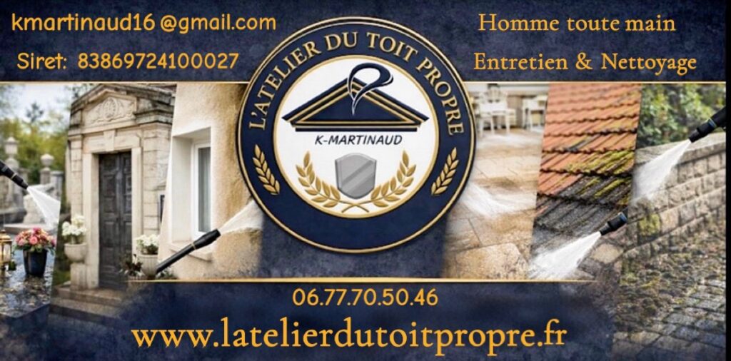 L’Atelier du Toit Propre, entreprise de nettoyage extérieur en Charente 16, spécialisée dans le nettoyage de tombes et caveaux, façades de maison, terrasses, toitures, allées et murets, avec intervention en Charente-Maritime 17 et Dordogne 24
