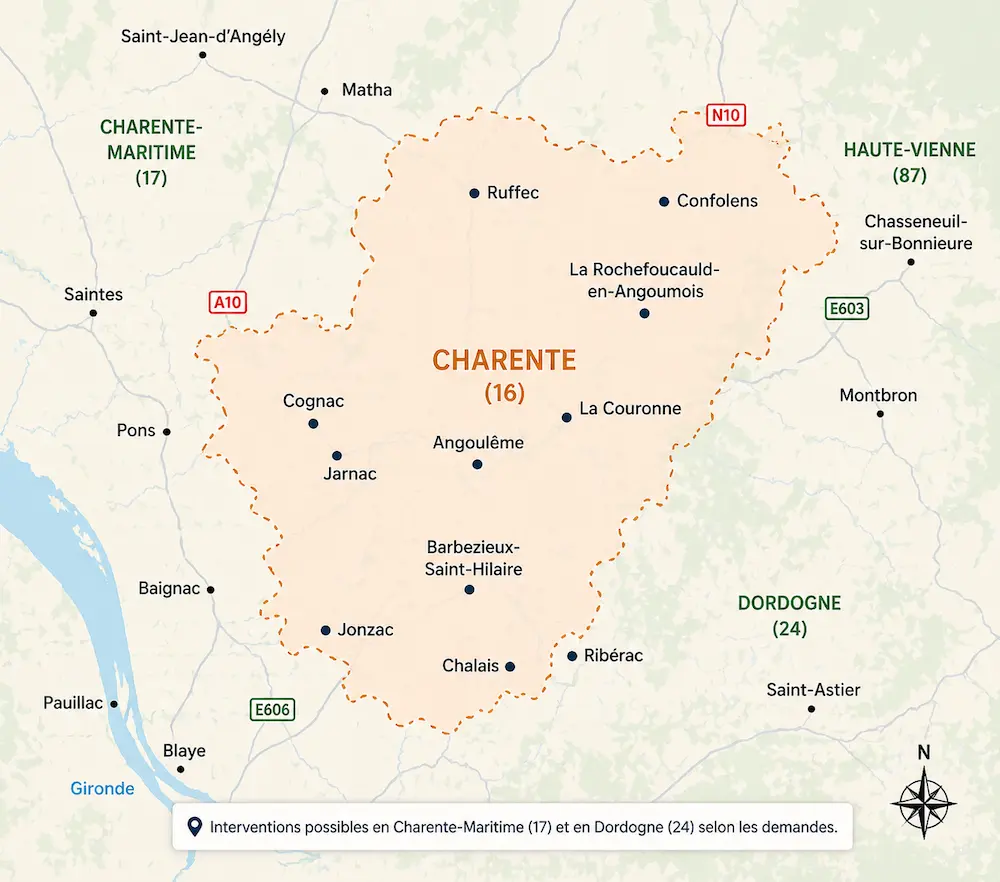 Carte de la Charente (16) montrant les zones d’intervention pour le nettoyage et démoussage de toitures autour d’Angoulême, Cognac, Barbezieux-Saint-Hilaire et Ruffec