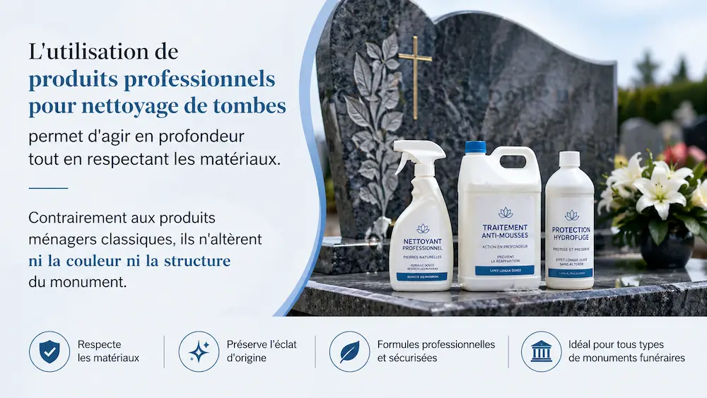 Produits non abrasif professionnels pour nettoyage de tombes sur une pierre tombale en granit dans un cimetière en Charente