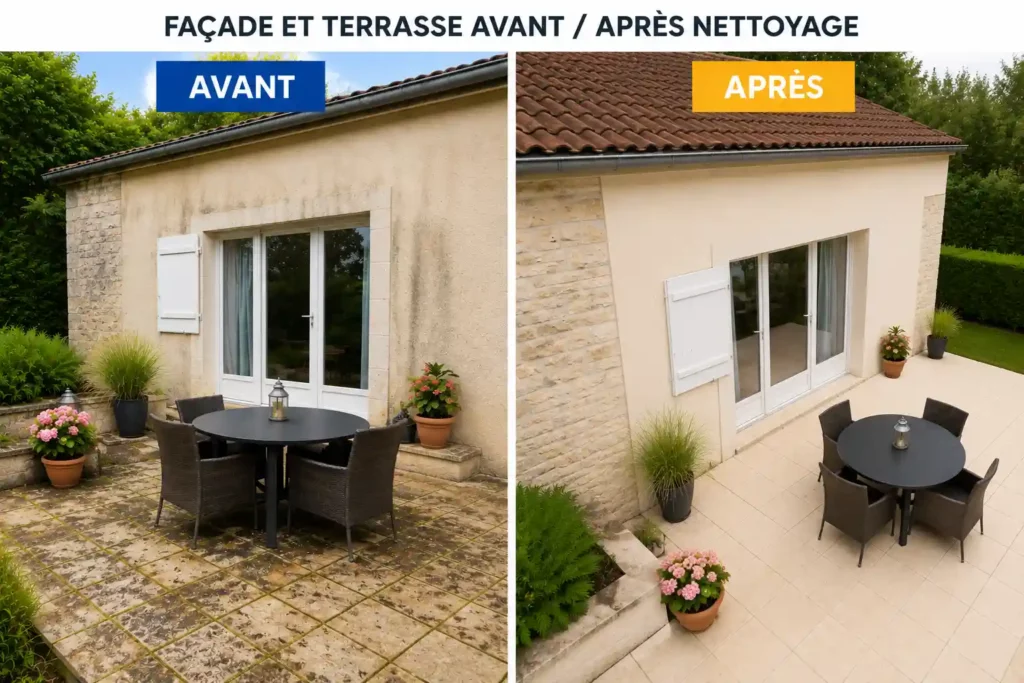 Façade et terrasse avant après nettoyage en Charente par L’Atelier du Toit Propre